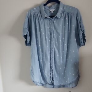 Time and Tru Light Blue Star Pattern Women's Button Down Shirt